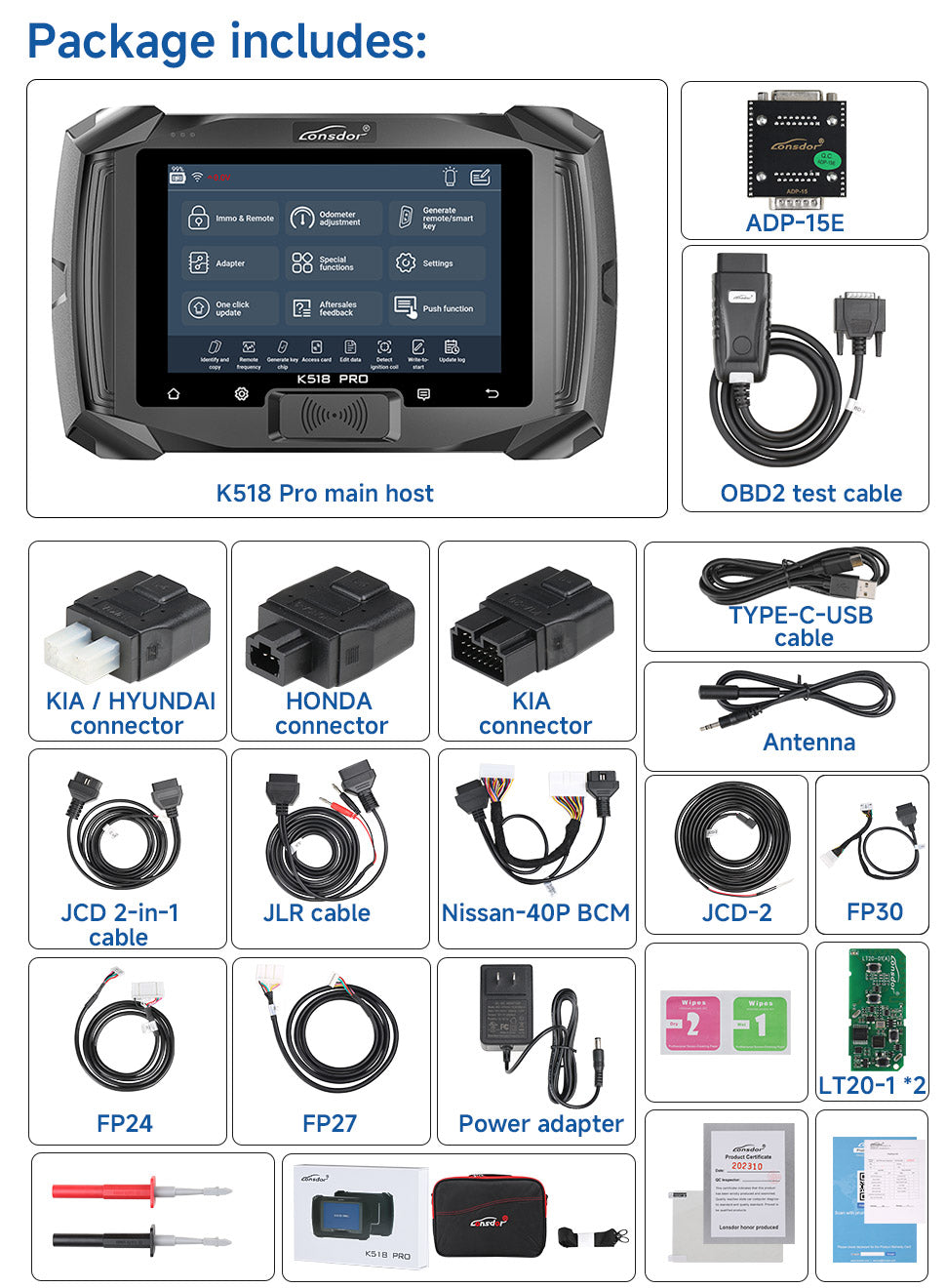 Lonsdor K518 PRO Full Version All In One Key Programmer with 2pcs LT20, Toyota FP30 Cable, Nissan 40 BCM Cable JCD JLR and ADP Adapter
