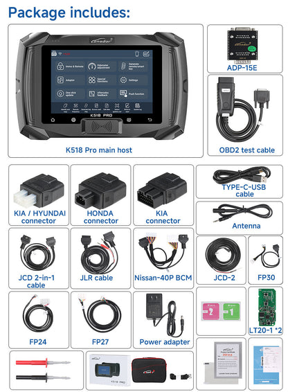 Lonsdor K518 PRO Full Version All In One Key Programmer with 2pcs LT20, Toyota FP30 Cable, Nissan 40 BCM Cable JCD JLR and ADP Adapter
